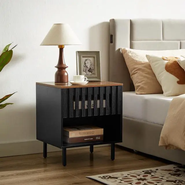 Main image of 2 Set Nightstands with Grille Striped Doors, Mid Century Modern Nightstand, Bedside Table with Slatted Drawer Decor, End Tables Bedroom with Metal Legs, Night Stand for Bedroom