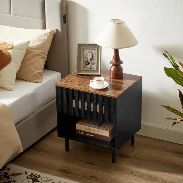 Alt view image 2 of 6 - 2 Set Nightstands with Grille Striped Doors, Mid Century Modern Nightstand, Bedside Table with Slatted Drawer Decor, End Tables Bedroom with Metal Legs, Night Stand for Bedroom