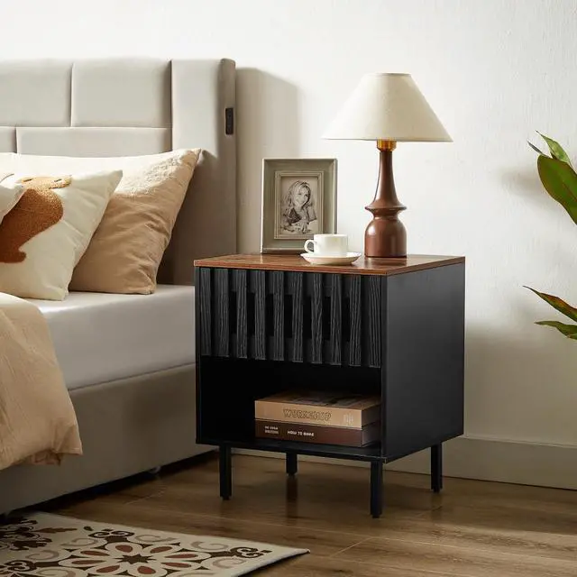 Alt view image 3 of 6 - 2 Set Nightstands with Grille Striped Doors, Mid Century Modern Nightstand, Bedside Table with Slatted Drawer Decor, End Tables Bedroom with Metal Legs, Night Stand for Bedroom