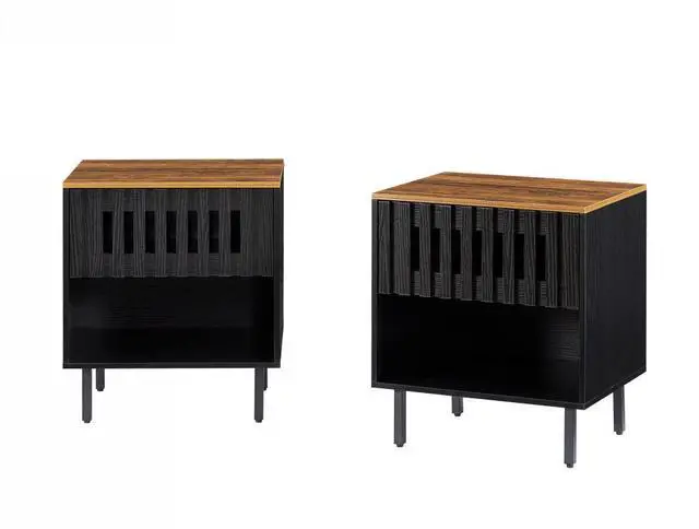 Alt view image 6 of 6 - 2 Set Nightstands with Grille Striped Doors, Mid Century Modern Nightstand, Bedside Table with Slatted Drawer Decor, End Tables Bedroom with Metal Legs, Night Stand for Bedroom