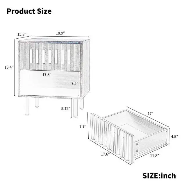 Alt view image 5 of 6 - 2 Set Nightstands with Grille Striped Doors, Mid Century Modern Nightstand, Bedside Table with Slatted Drawer Decor, End Tables Bedroom with Metal Legs, Night Stand for Bedroom