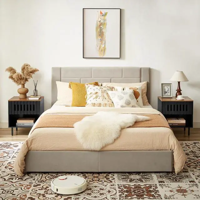 Alt view image 4 of 6 - 2 Set Nightstands with Grille Striped Doors, Mid Century Modern Nightstand, Bedside Table with Slatted Drawer Decor, End Tables Bedroom with Metal Legs, Night Stand for Bedroom