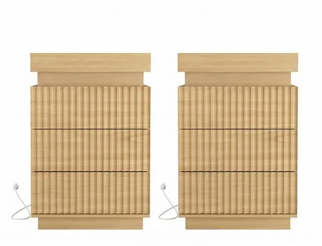 Alt view image 3 of 5 - (Set Of 2) Natural Nightstand Set Of 2 With Charging Station & Led Lights, Fluted Wave Panel Bedside Table With Sliding Top Hidden Storage, Night Stand For Bedroom Living Room