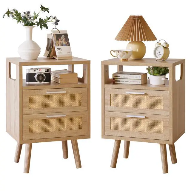 Alt view image 2 of 2 - Set Of 2 With 2 Drawers, 15.4" Modern Storage Bedside Table With Handles, Wooden End Table For Bedroom,Natural Wood