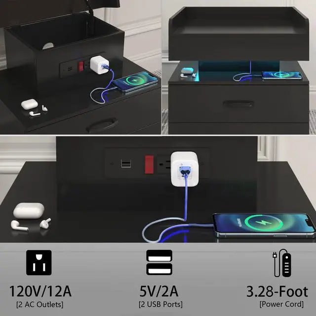 Alt view image 5 of 7 - 1 Set Nightstand With Adjustable Led Strip Light, 2-Drawers, Large Storage Space, Suitable For Bedside Table, Coffee Table, Sofa Side Table Or End Table For Study Desk