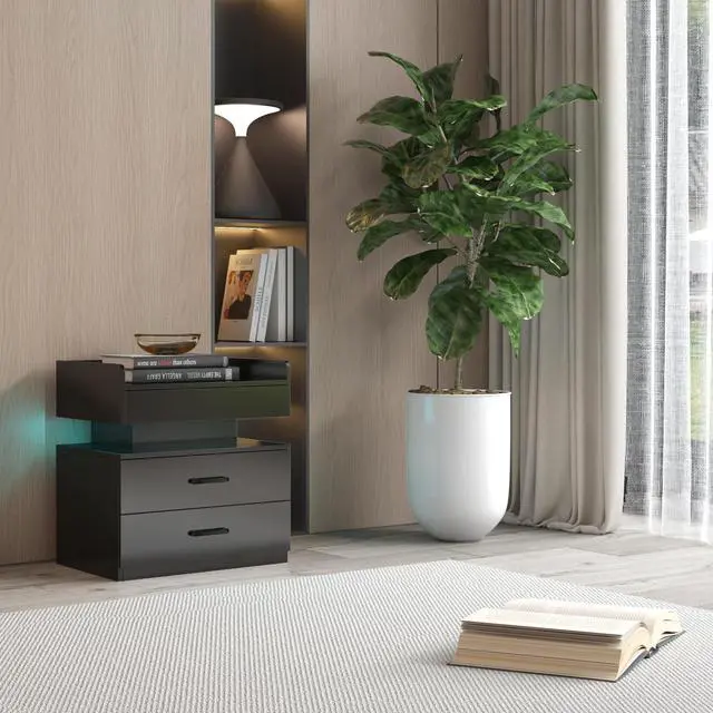 Alt view image 3 of 7 - 1 Set Nightstand With Adjustable Led Strip Light, 2-Drawers, Large Storage Space, Suitable For Bedside Table, Coffee Table, Sofa Side Table Or End Table For Study Desk