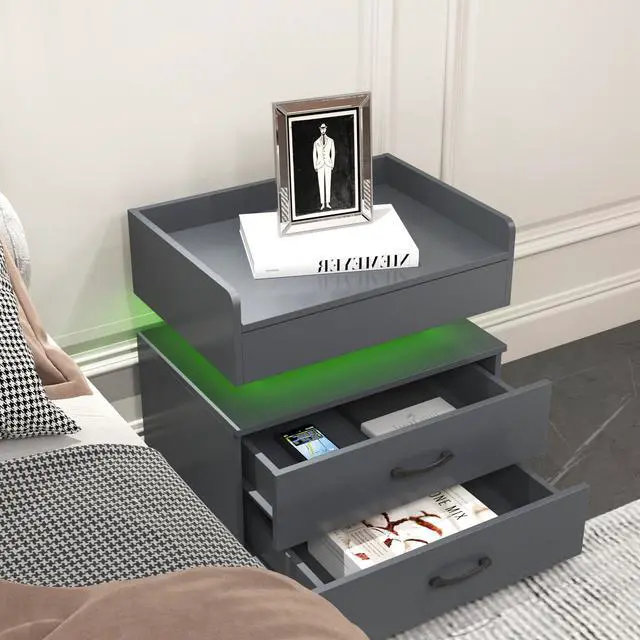 Alt view image 4 of 7 - 1 Set Nightstand With Adjustable Led Strip Light, 2-Drawers, Large Storage Space, Suitable For Bedside Table, Coffee Table, Sofa Side Table Or End Table For Study Desk