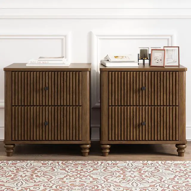 Alt view image 2 of 7 - Fluted Nightstand 2-Piece Set, 21.65" Wide Side Table With 3 Drawers, Mid Century Modern Wood Nightstand With Metal Handle, Wooden Bedside End Table For Bedroom, Living Room, Closet, Walnut