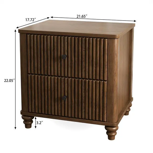 Alt view image 3 of 7 - Fluted Nightstand 2-Piece Set, 21.65" Wide Side Table With 3 Drawers, Mid Century Modern Wood Nightstand With Metal Handle, Wooden Bedside End Table For Bedroom, Living Room, Closet, Walnut