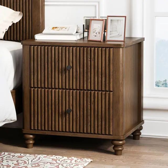 Alt view image 5 of 7 - Fluted Nightstand 2-Piece Set, 21.65" Wide Side Table With 3 Drawers, Mid Century Modern Wood Nightstand With Metal Handle, Wooden Bedside End Table For Bedroom, Living Room, Closet, Walnut