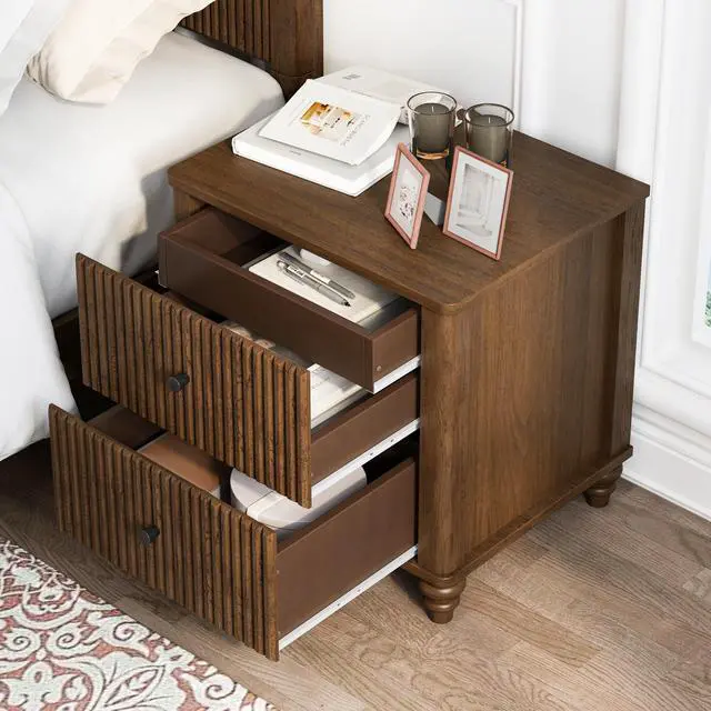 Alt view image 7 of 7 - Fluted Nightstand 2-Piece Set, 21.65" Wide Side Table With 3 Drawers, Mid Century Modern Wood Nightstand With Metal Handle, Wooden Bedside End Table For Bedroom, Living Room, Closet, Walnut