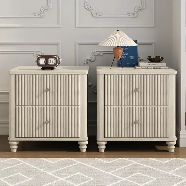 Alt view image 2 of 7 - Fluted Nightstand 2-Piece Set, 21.65" Wide Side Table With 3 Drawers, Mid Century Modern Wood Nightstand With Metal Handle, Wooden Bedside End Table For Bedroom, Living Room, Closet, Beige