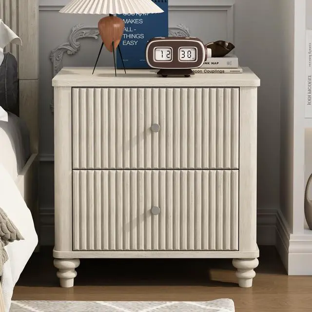 Alt view image 5 of 7 - Fluted Nightstand 2-Piece Set, 21.65" Wide Side Table With 3 Drawers, Mid Century Modern Wood Nightstand With Metal Handle, Wooden Bedside End Table For Bedroom, Living Room, Closet, Beige