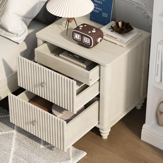 Alt view image 6 of 7 - Fluted Nightstand 2-Piece Set, 21.65" Wide Side Table With 3 Drawers, Mid Century Modern Wood Nightstand With Metal Handle, Wooden Bedside End Table For Bedroom, Living Room, Closet, Beige