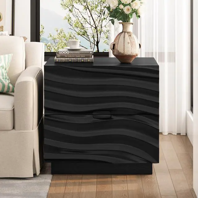 Alt view image 4 of 7 - Solid Wood Nightstands, Bedside Table With 2 Drawers, No Handles, Sofa End Table For Living Room, Bedrooms,Black