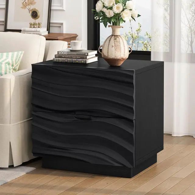 Alt view image 2 of 7 - Solid Wood Nightstands, Bedside Table With 2 Drawers, No Handles, Sofa End Table For Living Room, Bedrooms,Black