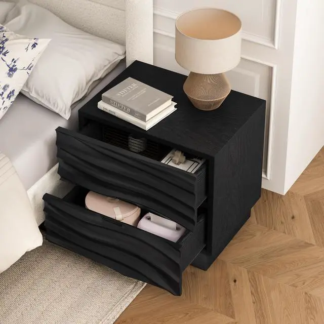 Alt view image 7 of 7 - Solid Wood Nightstands, Bedside Table With 2 Drawers, No Handles, Sofa End Table For Living Room, Bedrooms,Black