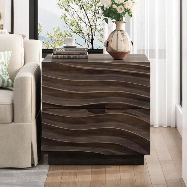 Alt view image 4 of 7 - Solid Wood Nightstands, Bedside Table With 2 Drawers, No Handles, Sofa End Table For Living Room, Bedrooms,Brown