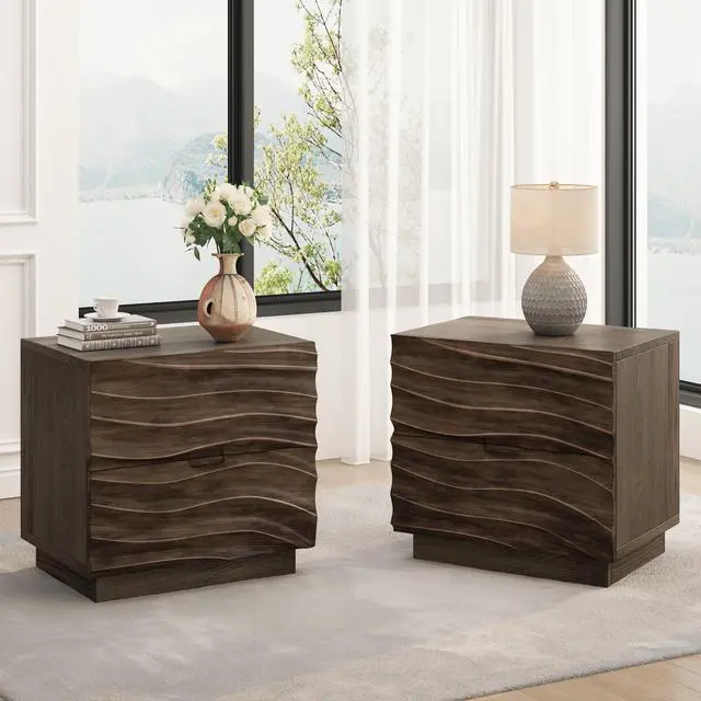 Alt view image 2 of 7 - Solid Wood Nightstands Set Of 2, Bedside Table With 2 Drawers, No Handles, Sofa End Table For Living Room, Bedrooms,Brown