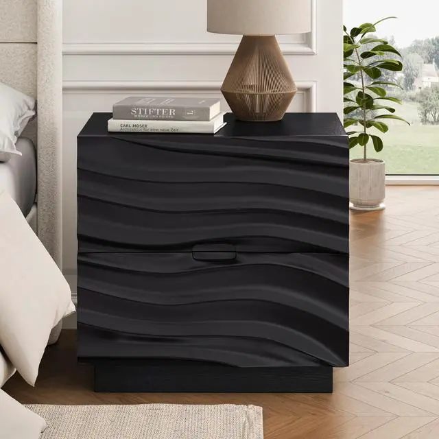 Alt view image 6 of 7 - Solid Wood Nightstands, Bedside Table With 2 Drawers, No Handles, Sofa End Table For Living Room, Bedrooms,Black