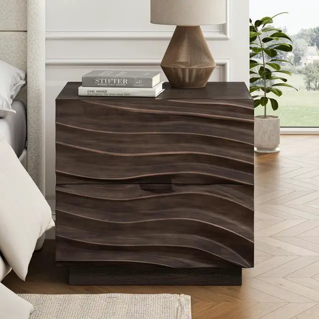 Alt view image 5 of 7 - Solid Wood Nightstands Set Of 2, Bedside Table With 2 Drawers, No Handles, Sofa End Table For Living Room, Bedrooms,Brown