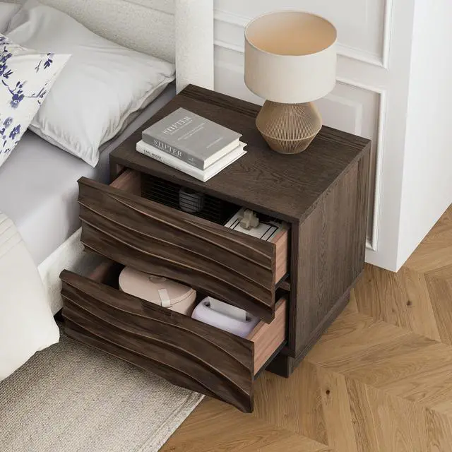 Alt view image 7 of 7 - Solid Wood Nightstands Set Of 2, Bedside Table With 2 Drawers, No Handles, Sofa End Table For Living Room, Bedrooms,Brown