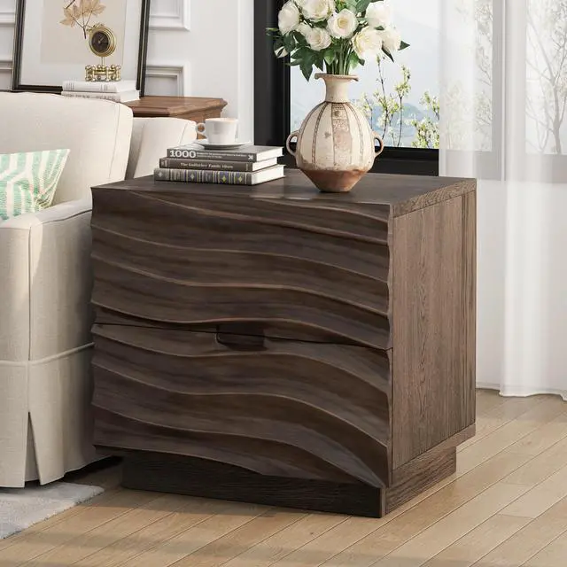 Alt view image 6 of 7 - Solid Wood Nightstands Set Of 2, Bedside Table With 2 Drawers, No Handles, Sofa End Table For Living Room, Bedrooms,Brown