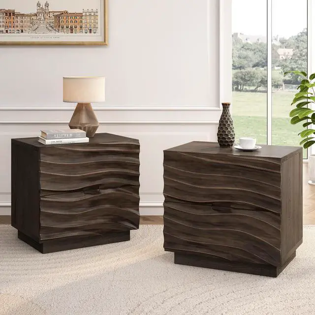 Alt view image 4 of 7 - Solid Wood Nightstands Set Of 2, Bedside Table With 2 Drawers, No Handles, Sofa End Table For Living Room, Bedrooms,Brown