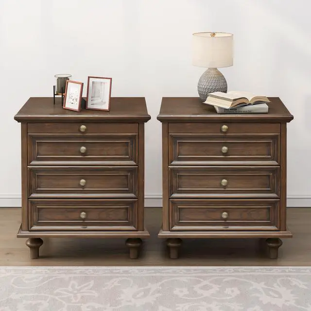 Alt view image 2 of 7 - Farmhouse Nightstands Set Of 2 With 4 Drawer,Wood Storage End Table With Hidden Pull-Out Shelf, Large Side Table With 4 Solid Wood Feet And Metal Handle,Easy Assembly,Walnut Brown