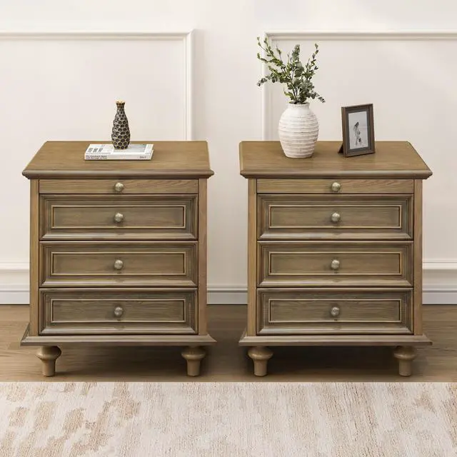 Alt view image 2 of 7 - Farmhouse Nightstands Set Of 2 With 4 Drawer,Wood Storage End Table With Hidden Pull-Out Shelf, Large Side Table With 4 Solid Wood Feet And Metal Handle,Easy Assembly,Light Brown