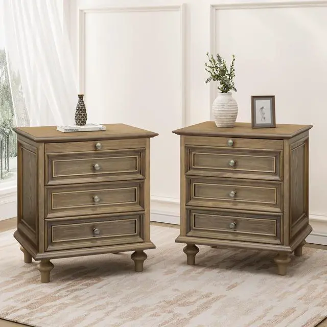 Alt view image 4 of 7 - Farmhouse Nightstands Set Of 2 With 4 Drawer,Wood Storage End Table With Hidden Pull-Out Shelf, Large Side Table With 4 Solid Wood Feet And Metal Handle,Easy Assembly,Light Brown