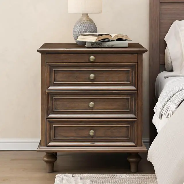 Alt view image 2 of 7 - Farmhouse Nightstands With 4 Drawer,Wood Storage End Table With Hidden Pull-Out Shelf, Large Side Table With 4 Solid Wood Feet And Metal Handle,Easy Assembly,Walnut Brown