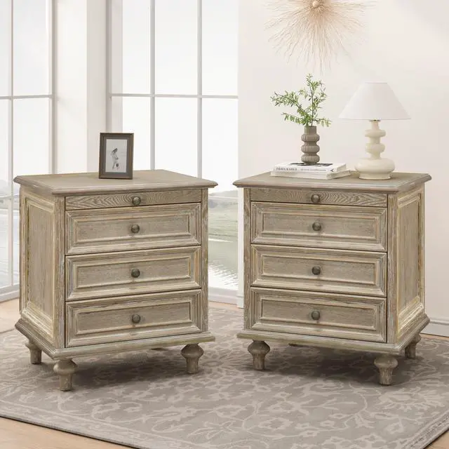 Alt view image 2 of 7 - Farmhouse Nightstands Set Of 2 With 4 Drawer,Wood Storage End Table With Hidden Pull-Out Shelf, Large Side Table With 4 Solid Wood Feet And Metal Handle,Easy Assembly,Natural