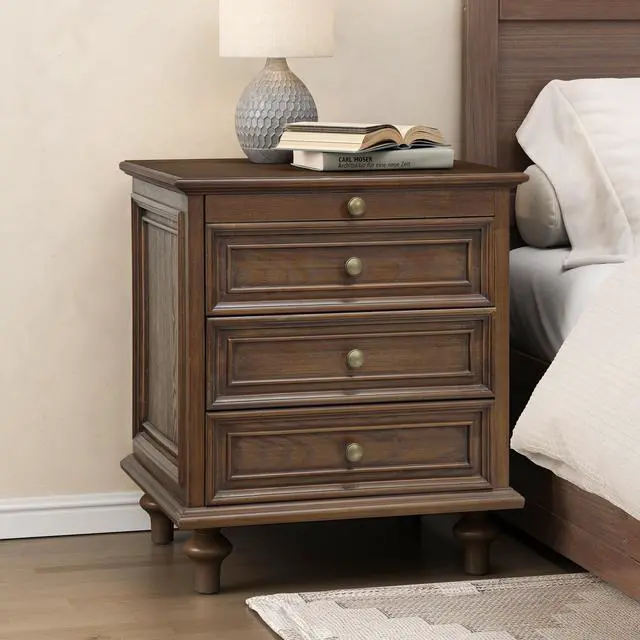 Alt view image 4 of 7 - Farmhouse Nightstands With 4 Drawer,Wood Storage End Table With Hidden Pull-Out Shelf, Large Side Table With 4 Solid Wood Feet And Metal Handle,Easy Assembly,Walnut Brown