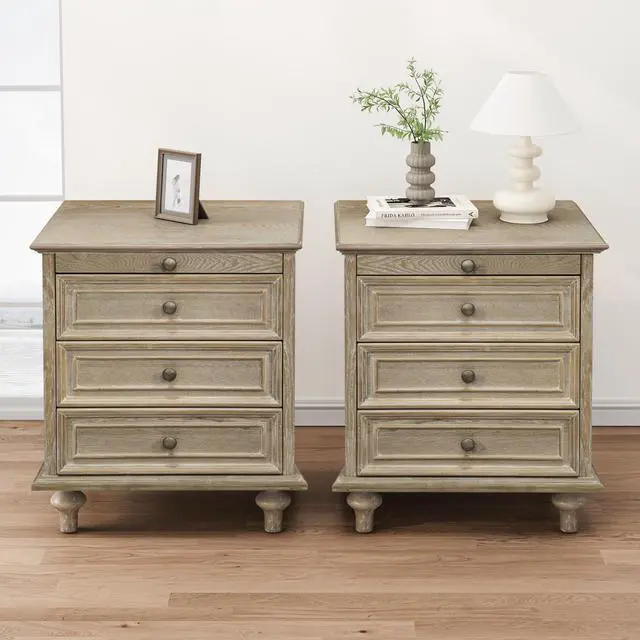 Alt view image 4 of 7 - Farmhouse Nightstands Set Of 2 With 4 Drawer,Wood Storage End Table With Hidden Pull-Out Shelf, Large Side Table With 4 Solid Wood Feet And Metal Handle,Easy Assembly,Natural