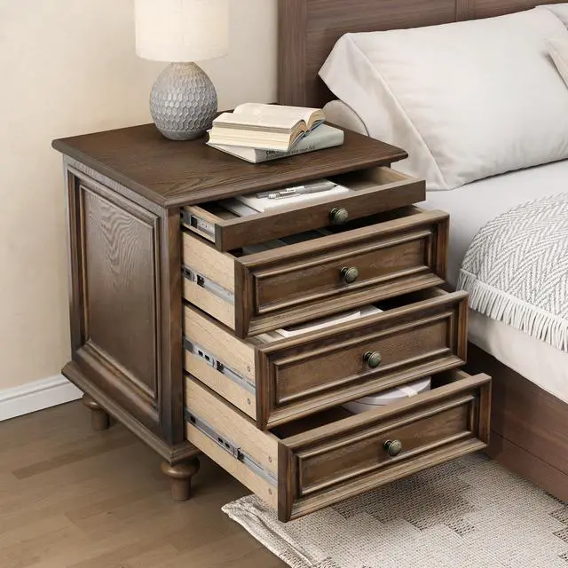 Alt view image 5 of 7 - Farmhouse Nightstands With 4 Drawer,Wood Storage End Table With Hidden Pull-Out Shelf, Large Side Table With 4 Solid Wood Feet And Metal Handle,Easy Assembly,Walnut Brown