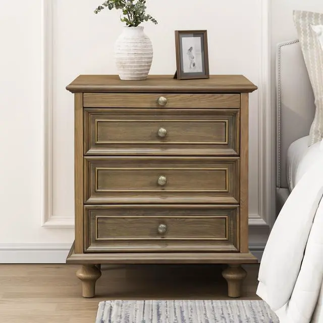 Alt view image 2 of 7 - Farmhouse Nightstands With 4 Drawer,Wood Storage End Table With Hidden Pull-Out Shelf, Large Side Table With 4 Solid Wood Feet And Metal Handle,Easy Assembly,Light Brown