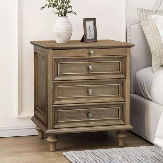 Alt view image 4 of 7 - Farmhouse Nightstands With 4 Drawer,Wood Storage End Table With Hidden Pull-Out Shelf, Large Side Table With 4 Solid Wood Feet And Metal Handle,Easy Assembly,Light Brown