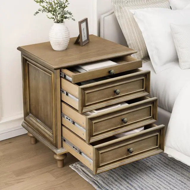 Alt view image 5 of 7 - Farmhouse Nightstands With 4 Drawer,Wood Storage End Table With Hidden Pull-Out Shelf, Large Side Table With 4 Solid Wood Feet And Metal Handle,Easy Assembly,Light Brown