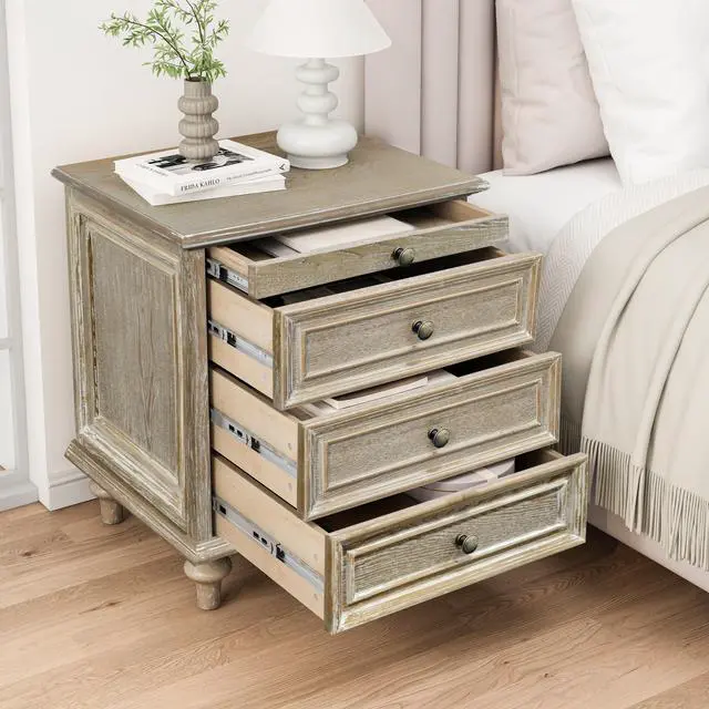 Alt view image 5 of 7 - Farmhouse Nightstands With 4 Drawer,Wood Storage End Table With Hidden Pull-Out Shelf, Large Side Table With 4 Solid Wood Feet And Metal Handle,Easy Assembly,Natural