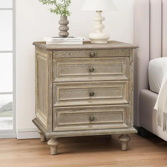 Alt view image 4 of 7 - Farmhouse Nightstands With 4 Drawer,Wood Storage End Table With Hidden Pull-Out Shelf, Large Side Table With 4 Solid Wood Feet And Metal Handle,Easy Assembly,Natural