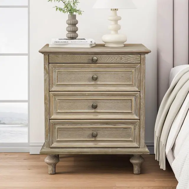 Alt view image 2 of 7 - Farmhouse Nightstands With 4 Drawer,Wood Storage End Table With Hidden Pull-Out Shelf, Large Side Table With 4 Solid Wood Feet And Metal Handle,Easy Assembly,Natural