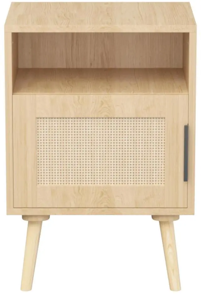 Main image of 22.83'' H Rattan Nightstand, Side Table With Door Open Shelf, Accent Bedside End Table With Solid Wood Legs For Bedroom, Dorm And Small Spaces, Oak