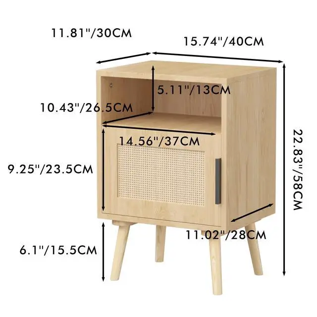 Alt view image 3 of 7 - 22.83'' H Rattan Nightstand, Side Table With Door Open Shelf, Accent Bedside End Table With Solid Wood Legs For Bedroom, Dorm And Small Spaces, Oak