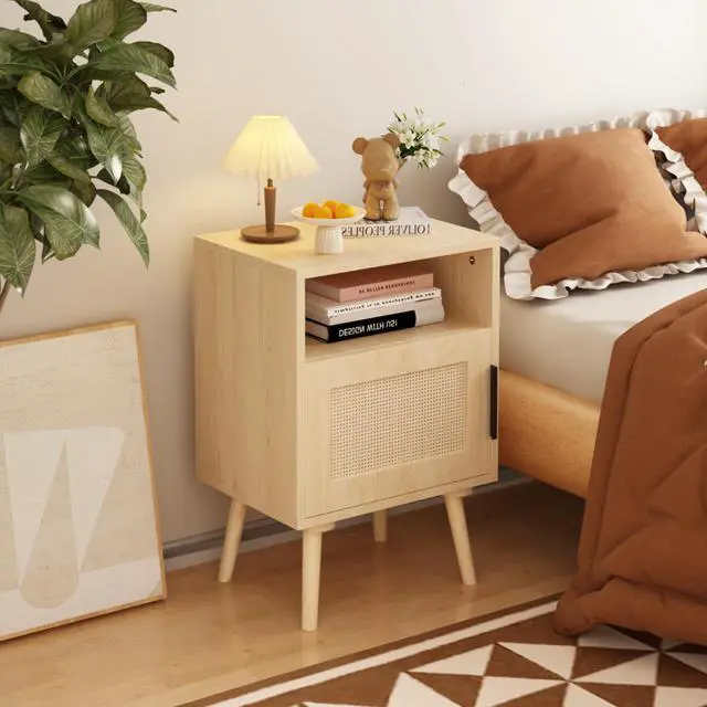 Alt view image 4 of 7 - 22.83'' H Rattan Nightstand, Side Table With Door Open Shelf, Accent Bedside End Table With Solid Wood Legs For Bedroom, Dorm And Small Spaces, Oak