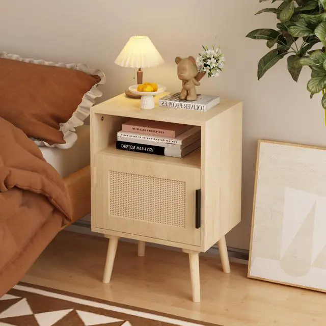 Alt view image 2 of 7 - 22.83'' H Rattan Nightstand, Side Table With Door Open Shelf, Accent Bedside End Table With Solid Wood Legs For Bedroom, Dorm And Small Spaces, Oak
