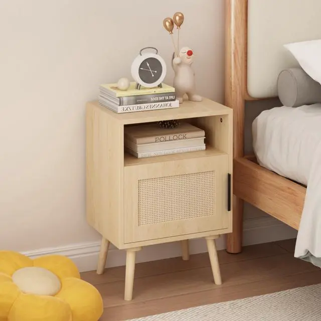 Alt view image 5 of 7 - 22.83'' H Rattan Nightstand, Side Table With Door Open Shelf, Accent Bedside End Table With Solid Wood Legs For Bedroom, Dorm And Small Spaces, Oak