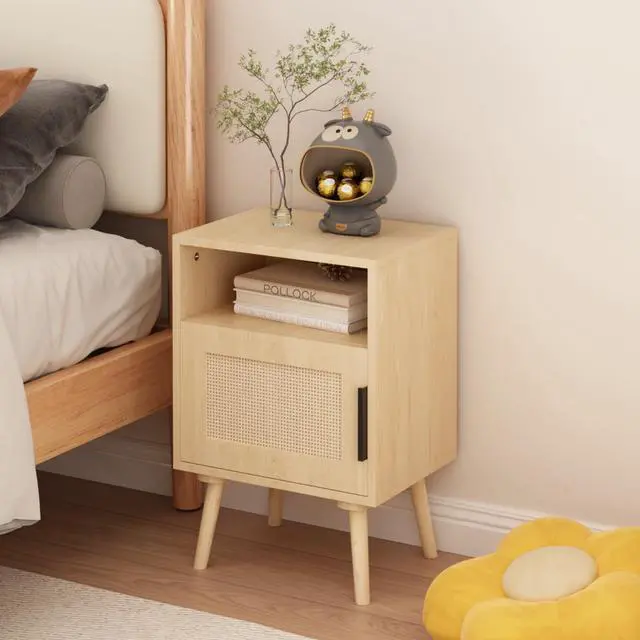 Alt view image 6 of 7 - 22.83'' H Rattan Nightstand, Side Table With Door Open Shelf, Accent Bedside End Table With Solid Wood Legs For Bedroom, Dorm And Small Spaces, Oak