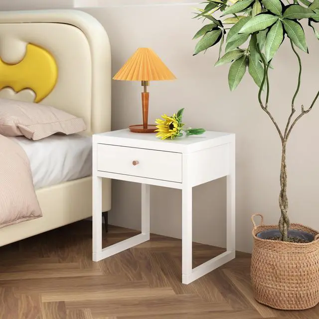 Alt view image 2 of 7 - Modern White Nightstand With Drawer, Minimalist Bedside Table With Wood Knob, Compact End Table For Bedroom, Apartment, Or Small Spaces, Easy Assembly