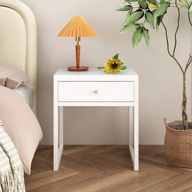 Alt view image 4 of 7 - Modern White Nightstand With Drawer, Minimalist Bedside Table With Wood Knob, Compact End Table For Bedroom, Apartment, Or Small Spaces, Easy Assembly
